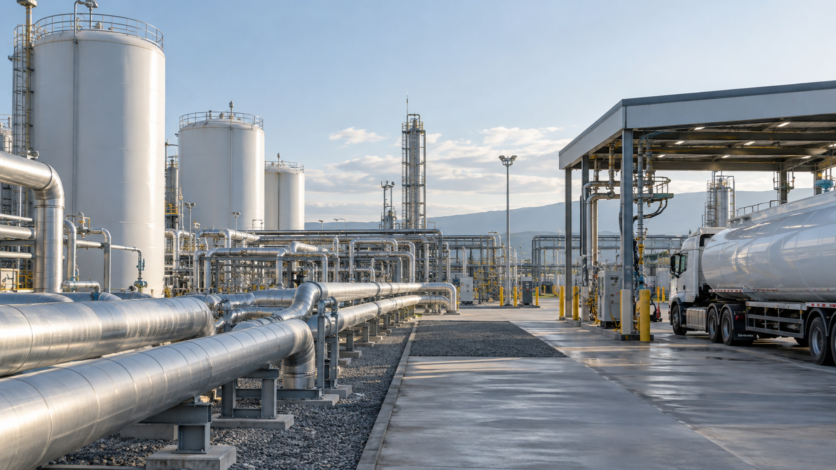 Generic hydrogen transport and storage hub with pipelines, vessels, and a loading bay.