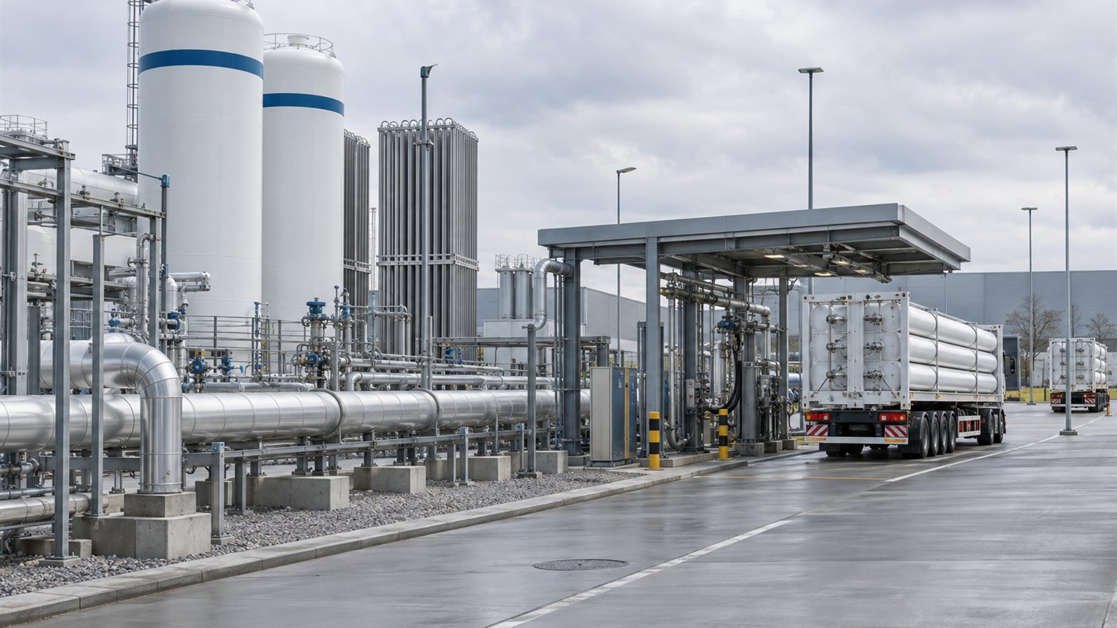 Generic hydrogen distribution hub with storage vessels, pipework, and a tube trailer at a filling bay.