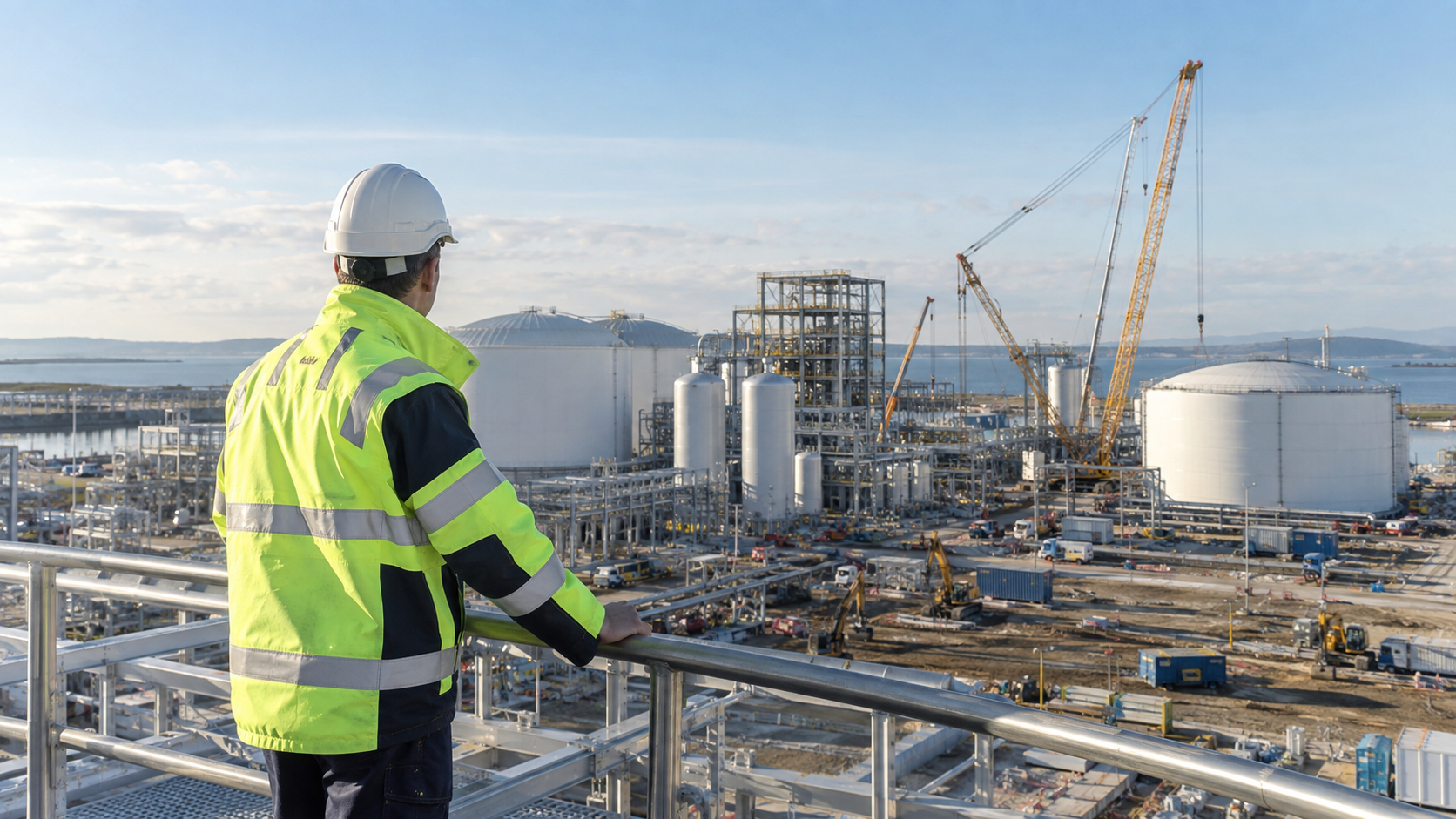 Engineer reviewing a generic hydrogen project construction site with tanks and cranes.