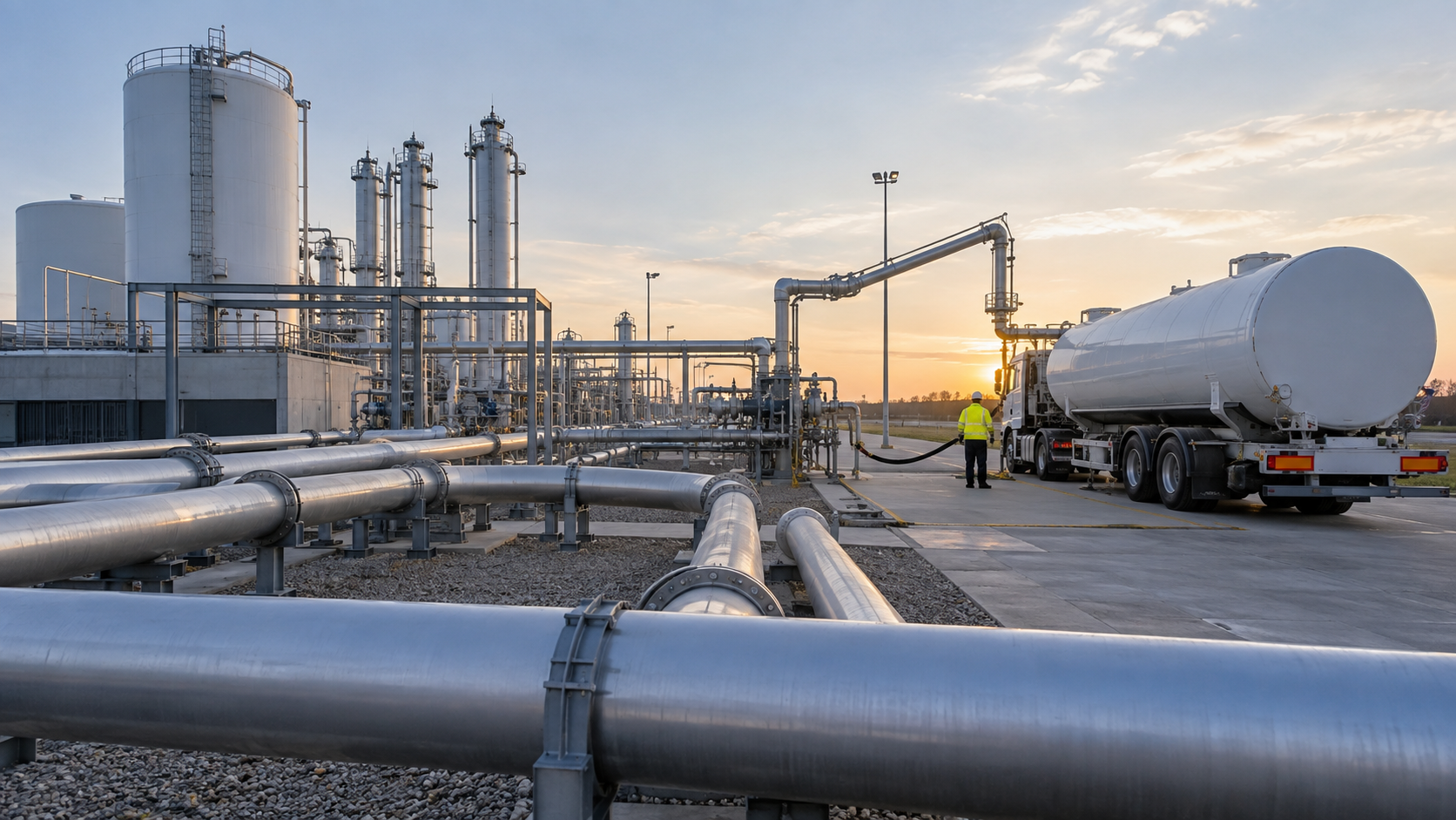 Generic industrial hydrogen delivery site with pipes, storage, and loading equipment.